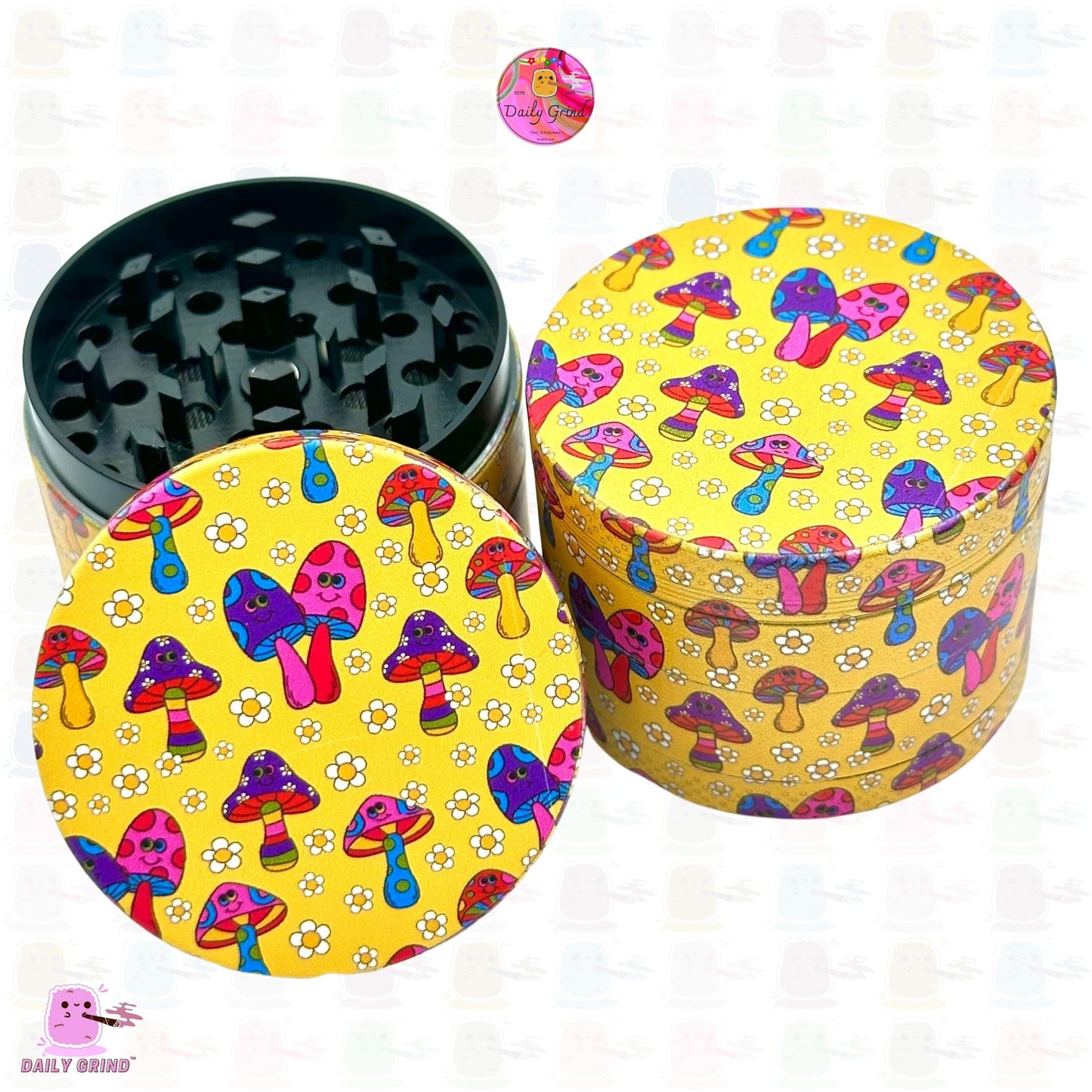 Cute Friendly Mushrooms Happy Flowers Yellow - 50mm 4-Piece High Quality Custom Metal Kitchen Herb Grinder Gift Idea