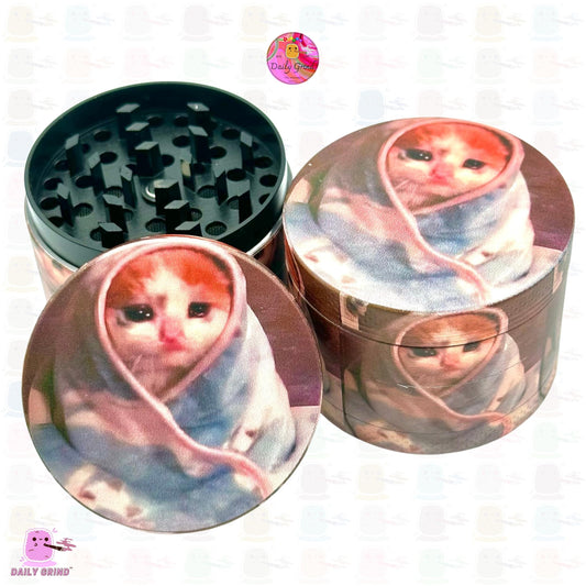 Sad Kitty Wrapped in Blanket Cute Funny Meme - 50mm 4-Piece High Quality Custom Metal Kitchen Herb Grinder Gift Idea