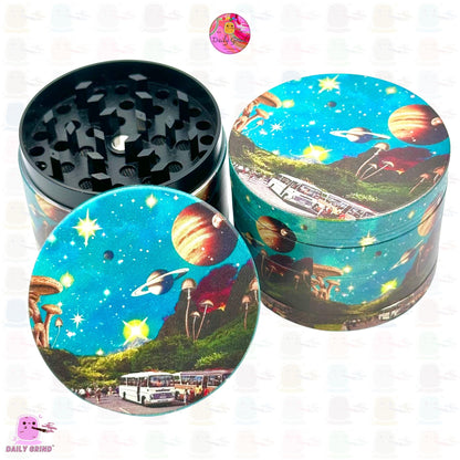 Space Diner 1950's Mushrooms Planets Design 50mm 4-Piece High Quality Custom Metal Kitchen Herb Grinder Gift Idea