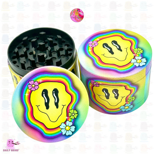 Wavy Smile Face Colourful Hallucinogenic Flowers Design - 50mm 4-Piece High Quality Custom Metal Kitchen Herb Grinder Gift Idea