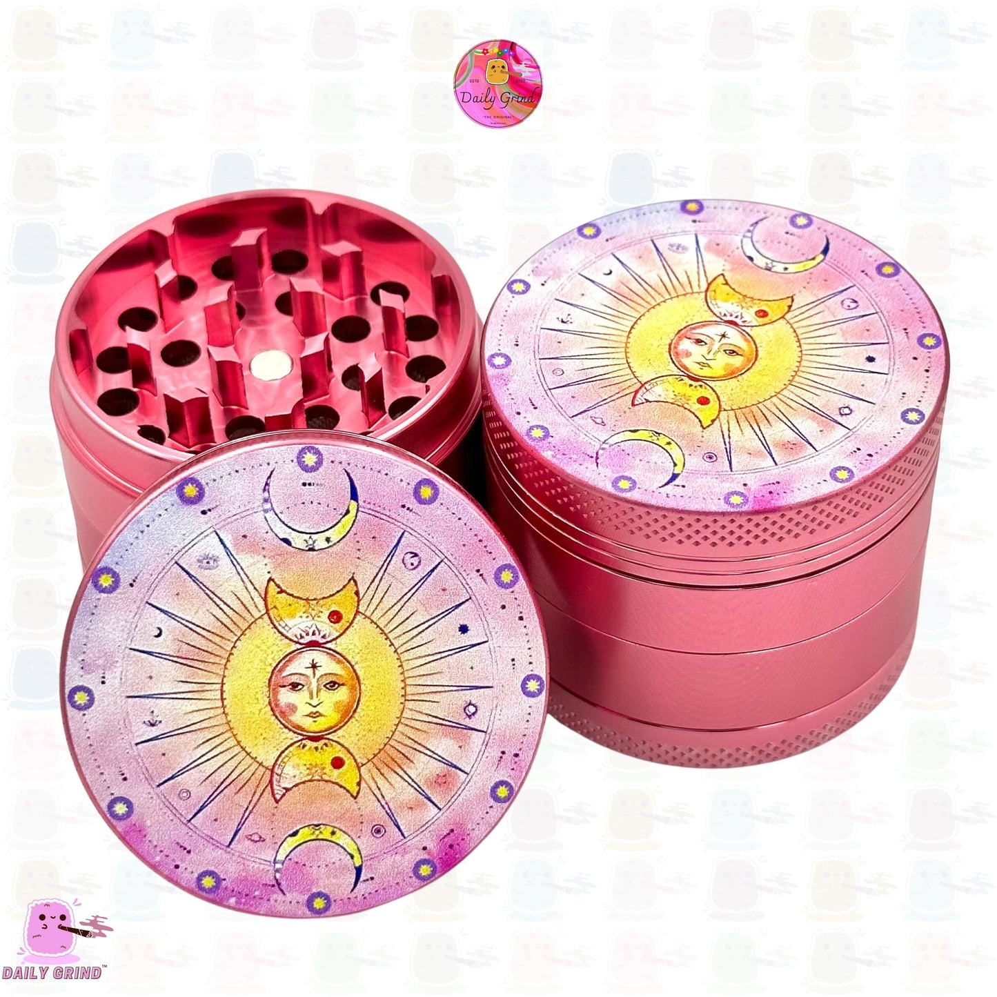 Sun+Moon Pink Aluminium Cute Astrology - 50mm 4-Piece High Quality Custom Kitchen Herb Grinder Gift Idea