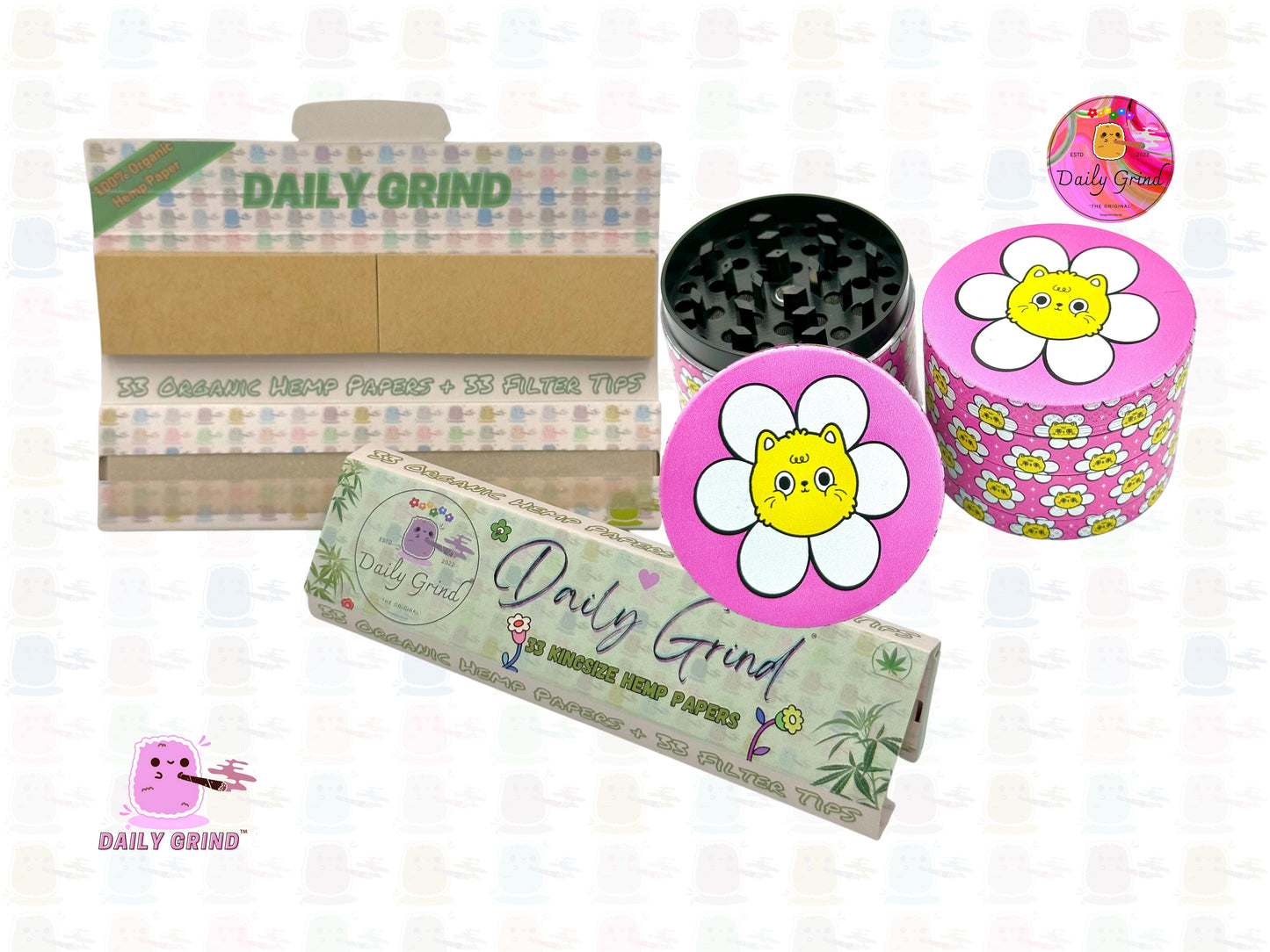 Cute Cat in a Flower Kawaii Pink Daisy Design - 50mm 4-Piece High Quality Custom Metal Kitchen Herb Grinder Gift Idea