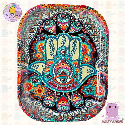 Diseño de tatuaje de mano espiritual Hamsa - Superficie de bandeja de metal de 14x18 cm para piezas y piezas de joyería, cristales, etc. Idea de baratijas de regalo