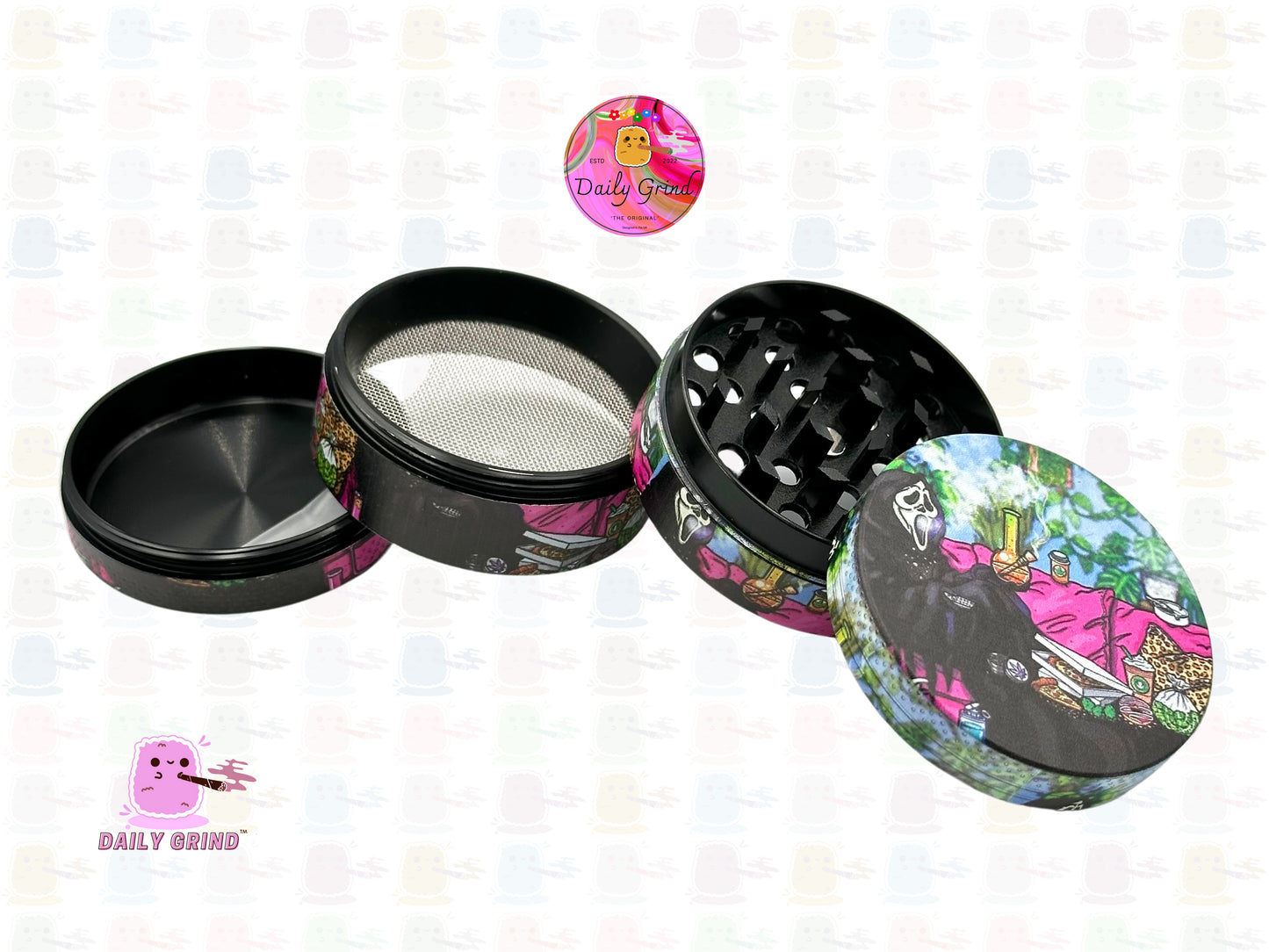 Death Laid Back Chilling with Pizza and Donuts - 50mm 4-Piece Premium Custom Metal Kitchen Herb Grinder Cute Gift Idea