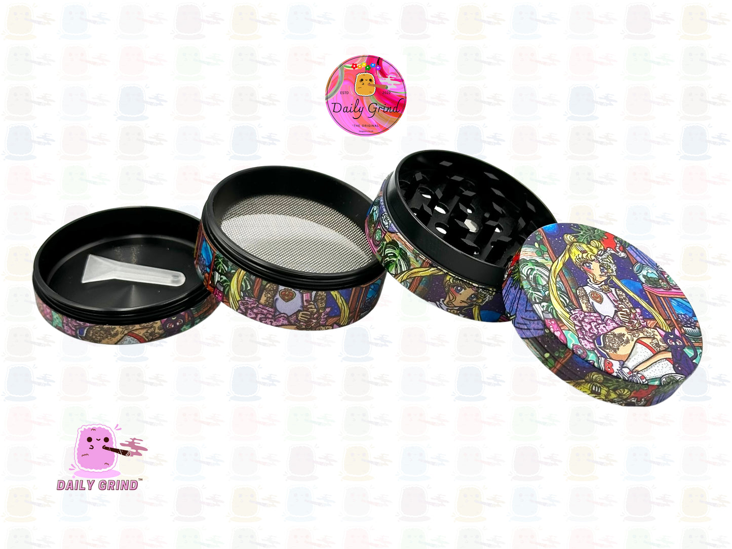 Cute Anime Parody Tattoo'd Baddie - 50mm 4-Piece Premium Custom Metal Kitchen Herb Grinder Cute Gift Idea