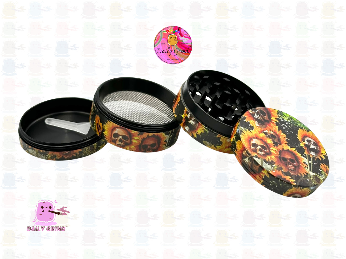 Sunflower Skulls Dark Art Cute Emo Zombie Flowers - 50mm 4-Piece Premium Custom Metal Kitchen Herb Grinder Cute Gift Idea