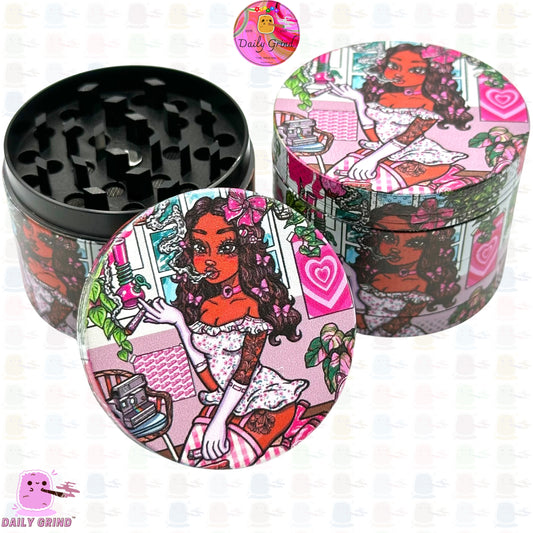 Cute Stoner Girl Pink Bedroom Cartoon Artwork - 50mm 4-Piece Premium Custom Metal Kitchen Herb Grinder Cute Gift Idea