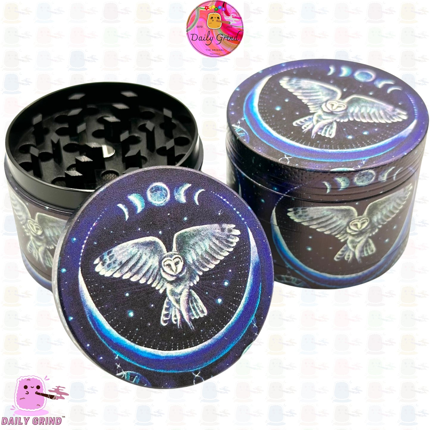 Lunar Owl Night Sky Stars Moon Cycles - 50mm 4-Piece Premium Custom Metal Kitchen Herb Grinder Cute Gift Idea