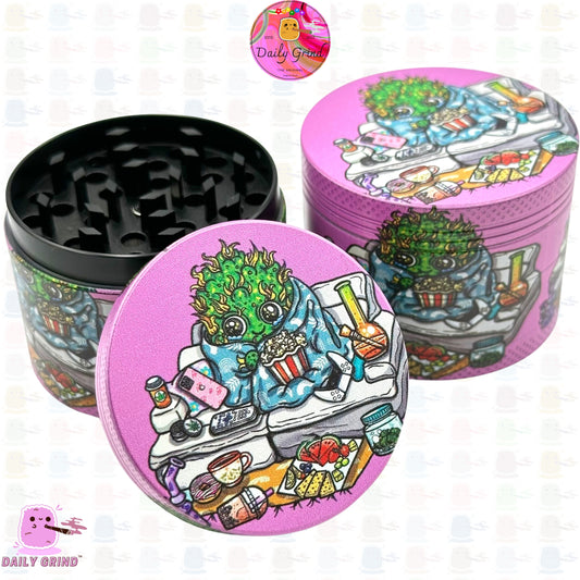 Cute Little Flower Chilling in Bed Comfy with Popcorn - 50mm 4-Piece Premium Custom Metal Kitchen Herb Grinder Cute Gift Idea