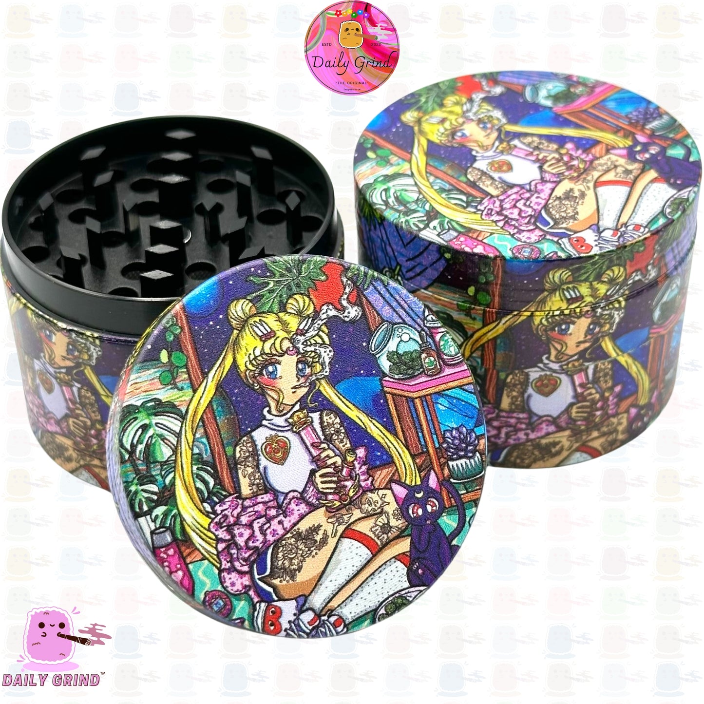 Cute Anime Parody Tattoo'd Baddie - 50mm 4-Piece Premium Custom Metal Kitchen Herb Grinder Cute Gift Idea