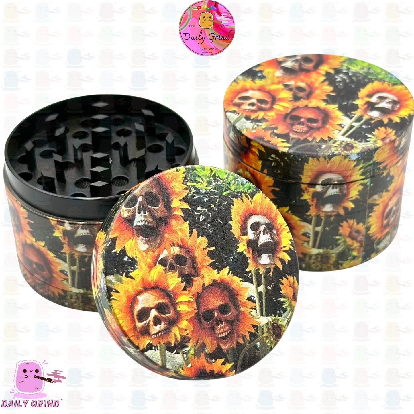 Sunflower Skulls Dark Art Cute Emo Zombie Flowers - 50mm 4-Piece Premium Custom Metal Kitchen Herb Grinder Cute Gift Idea