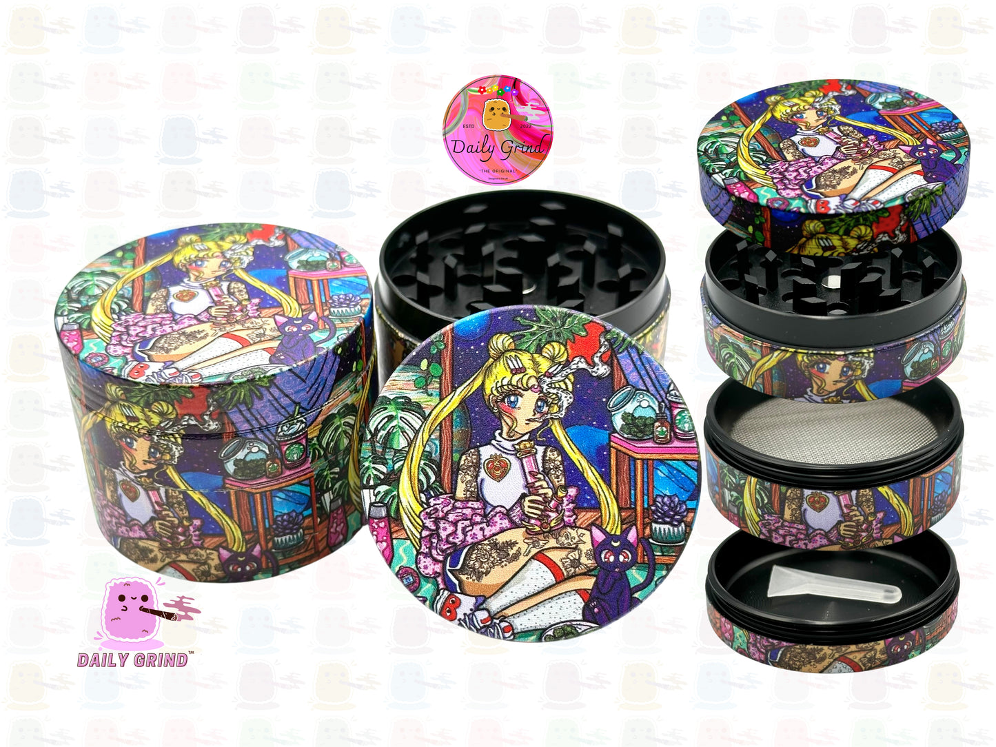 Cute Anime Parody Tattoo'd Baddie - 50mm 4-Piece Premium Custom Metal Kitchen Herb Grinder Cute Gift Idea