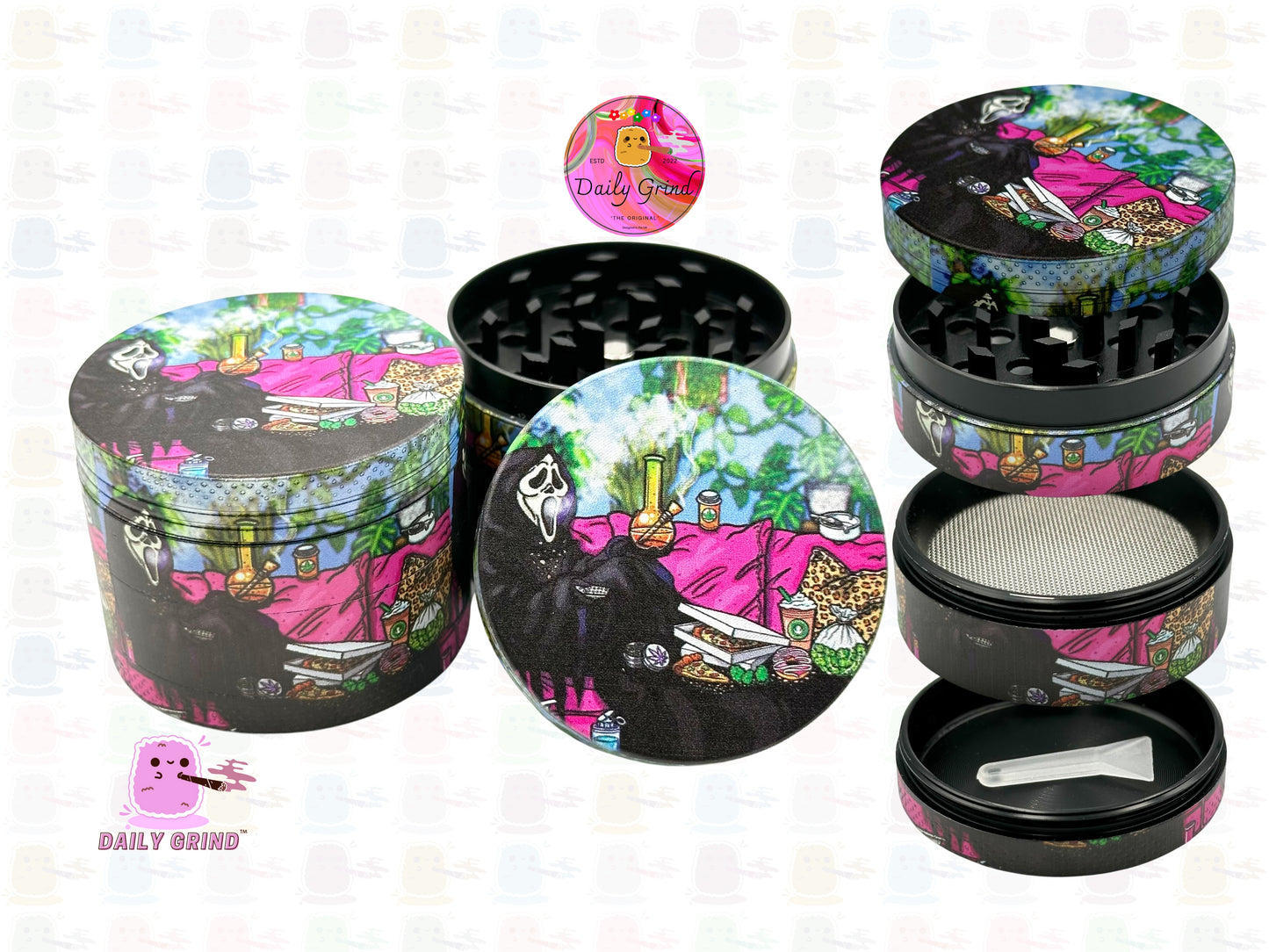 Death Laid Back Chilling with Pizza and Donuts - 50mm 4-Piece Premium Custom Metal Kitchen Herb Grinder Cute Gift Idea