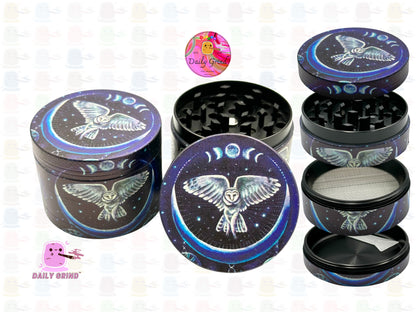 Lunar Owl Night Sky Stars Moon Cycles - 50mm 4-Piece Premium Custom Metal Kitchen Herb Grinder Cute Gift Idea