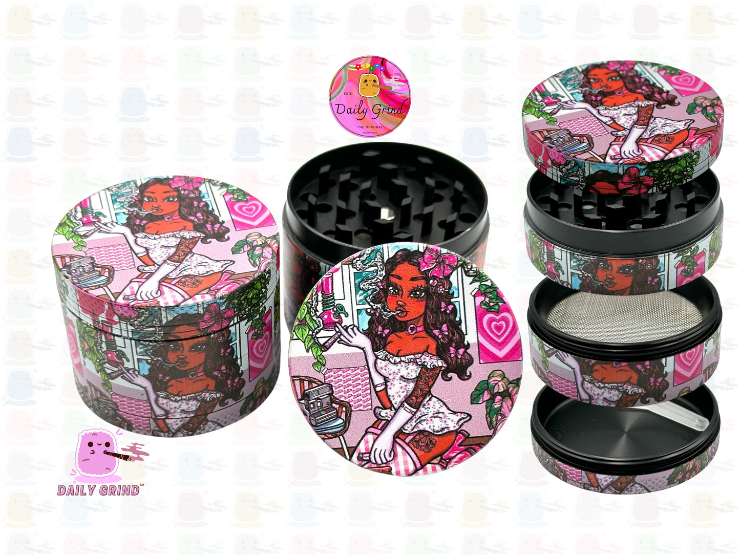 Cute Stoner Girl Pink Bedroom Cartoon Artwork - 50mm 4-Piece Premium Custom Metal Kitchen Herb Grinder Cute Gift Idea