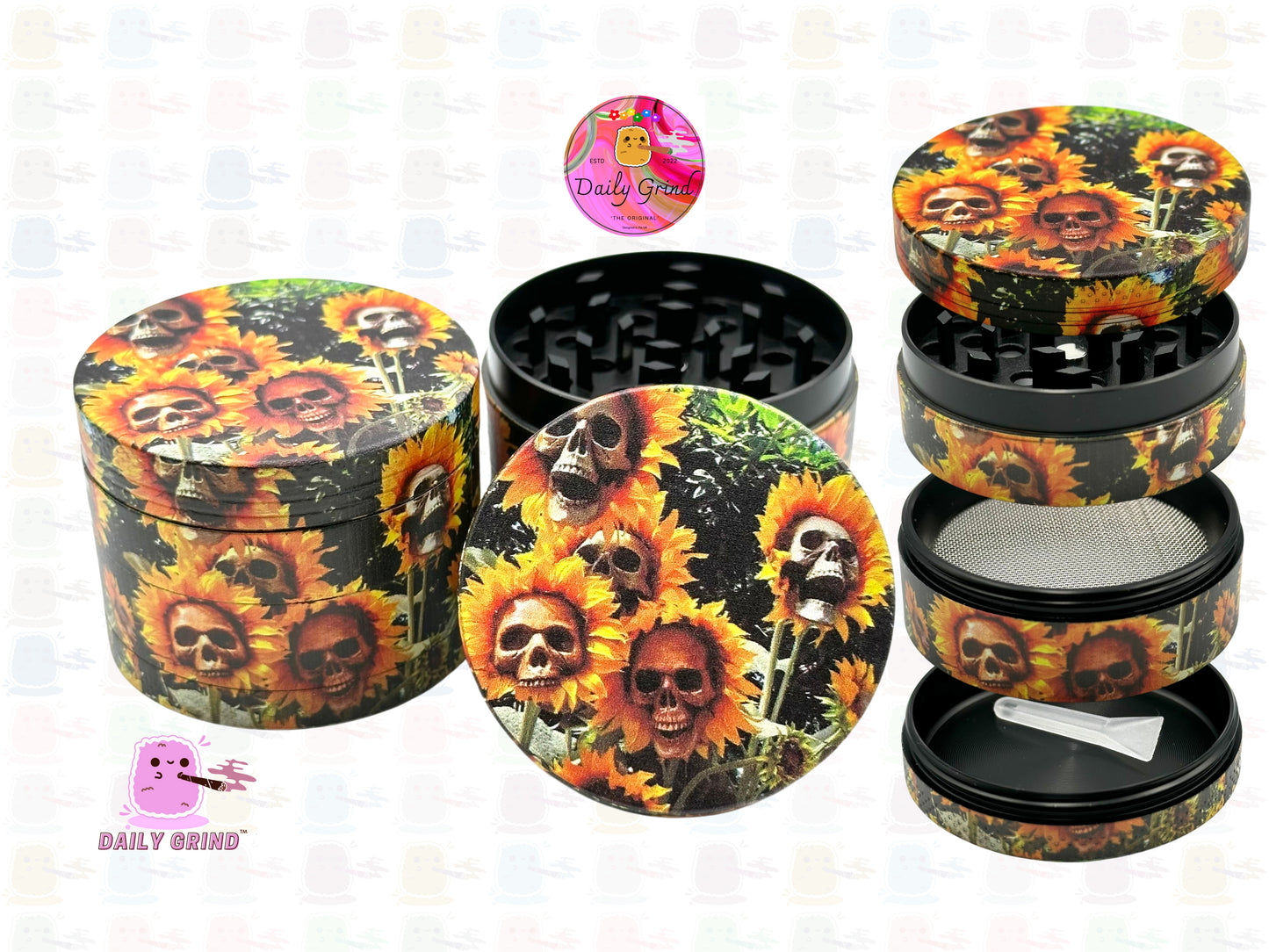 Sunflower Skulls Dark Art Cute Emo Zombie Flowers - 50mm 4-Piece Premium Custom Metal Kitchen Herb Grinder Cute Gift Idea