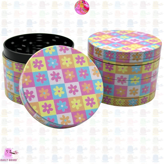 Flowers Checkboard Cute Pastel Pattern - 50mm 4-Piece High Quality Custom Metal Kitchen Herb Grinder Gift Idea