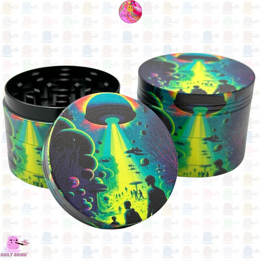 Alien Ship Abduction Spooky Apocalypse Green - 50mm 4-Piece High Quality Custom Metal Herb Grinder Gift Idea