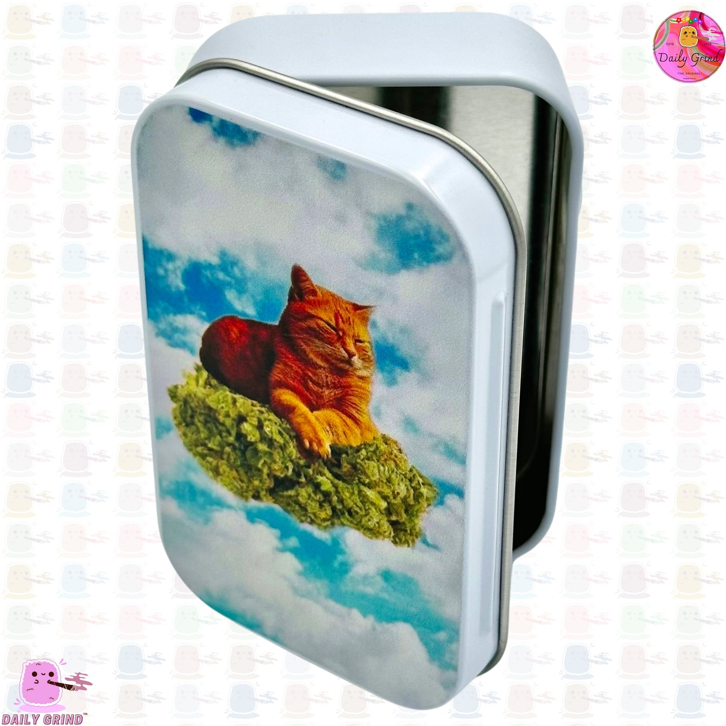 Kitty in the Clouds - Cute 1oz White / Crystal / Jewellery / Coins / Bits & Pieces / Hide / Money / Make-Up 1oz Black Hinge Lid Tin Box Gift - 9.5 x 6.2 x 2 cm - Cute Funny Metal Organiser Gift Idea