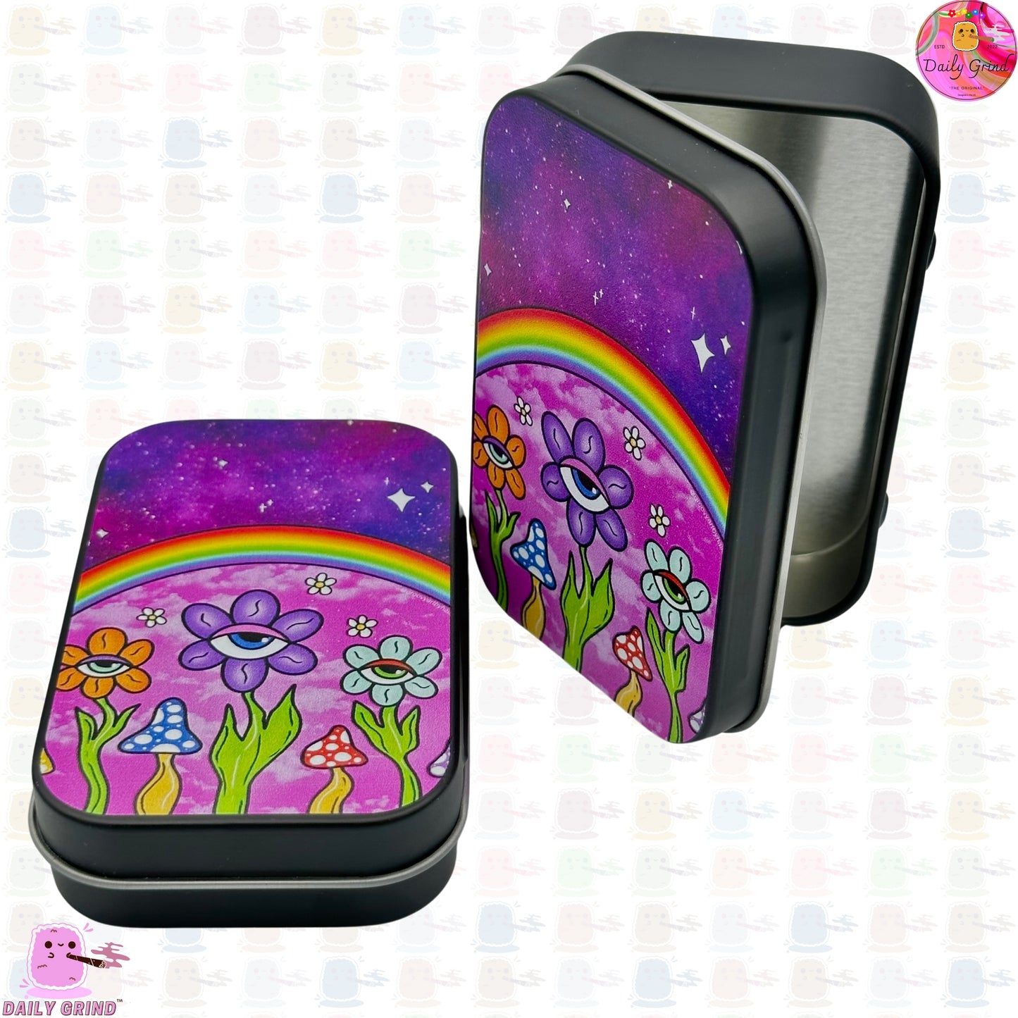 Purple Flowers Eye - 1oz Black / Crystal / Jewellery / Coins / Bits & Pieces / Hide / Money / Make-Up 1oz Black Hinge Lid Tin Box Gift - 9.5 x 6.2 x 2 cm - Cute Funny Metal Organiser Gift Idea