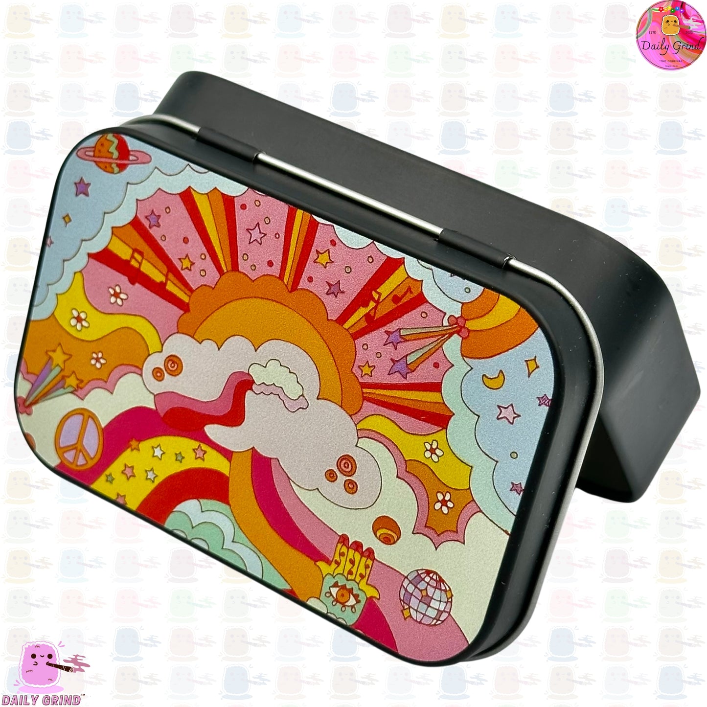 Up in the Cute Clouds Colourful Rainbow Cartoon - 1oz Black / Crystal / Jewellery / Coins / Bits & Pieces / Hide / Money / Make-Up 1oz Black Hinge Lid Tin Box Gift - 9.5 x 6.2 x 2 cm - Cute Funny Metal Organiser Gift Idea