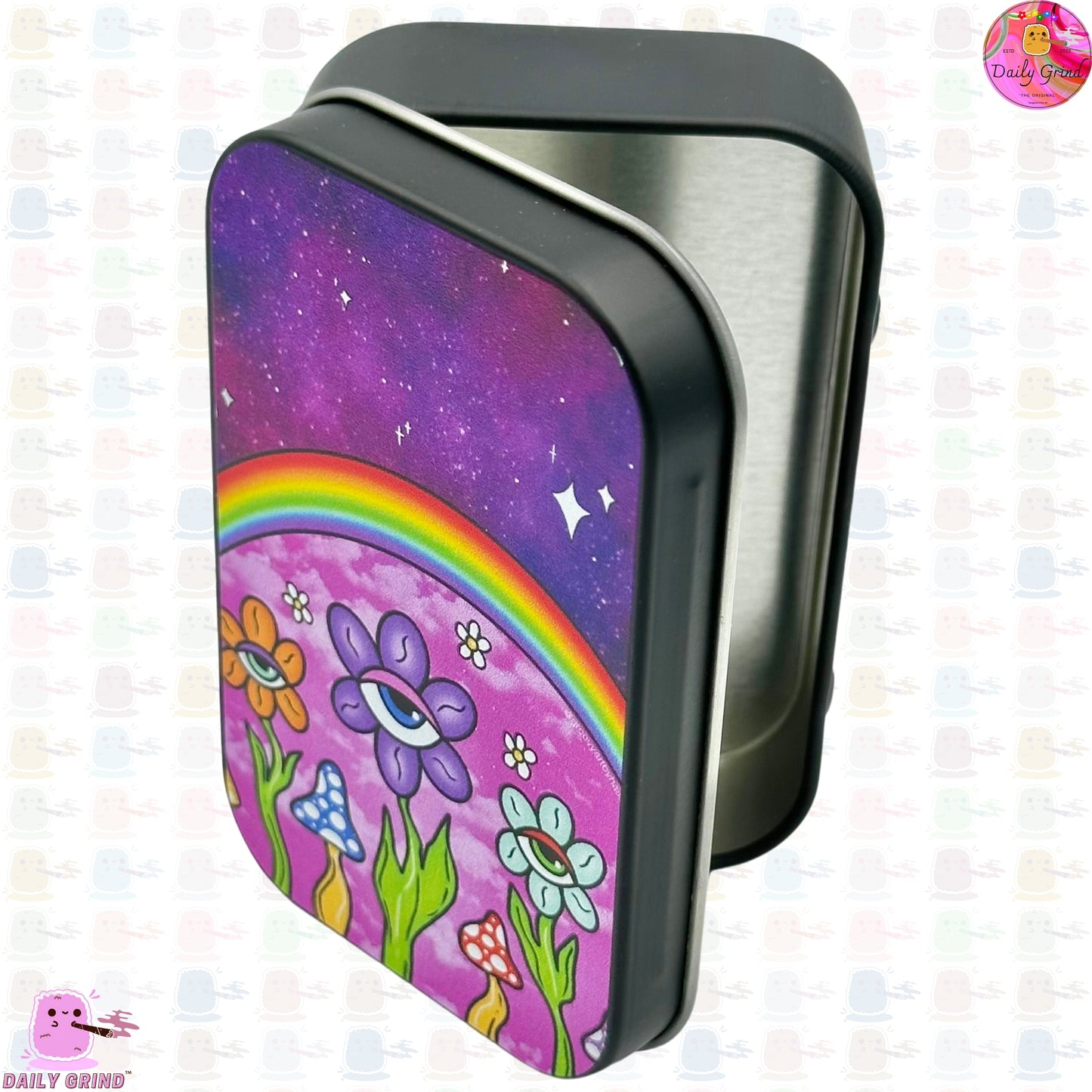 Purple Flowers Eye - 1oz Black / Crystal / Jewellery / Coins / Bits & Pieces / Hide / Money / Make-Up 1oz Black Hinge Lid Tin Box Gift - 9.5 x 6.2 x 2 cm - Cute Funny Metal Organiser Gift Idea