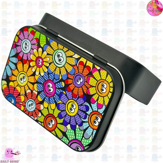 Flower Faces Smiling Colourful Cartoon - 1oz Black / Crystal / Jewellery / Coins / Bits & Pieces / Hide / Money / Make-Up 1oz Black Hinge Lid Tin Box Gift - 9.5 x 6.2 x 2 cm - Cute Funny Metal Organiser Gift Idea