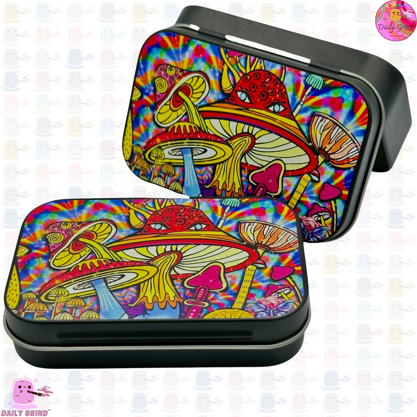 Mushroom Tie Dye Colourful Trippy Hippy - 1oz Black / Crystal / Jewellery / Coins / Bits & Pieces / Hide / Money / Make-Up 1oz Black Hinge Lid Tin Box Gift - 9.5 x 6.2 x 2 cm - Cute Funny Metal Organiser Gift Idea