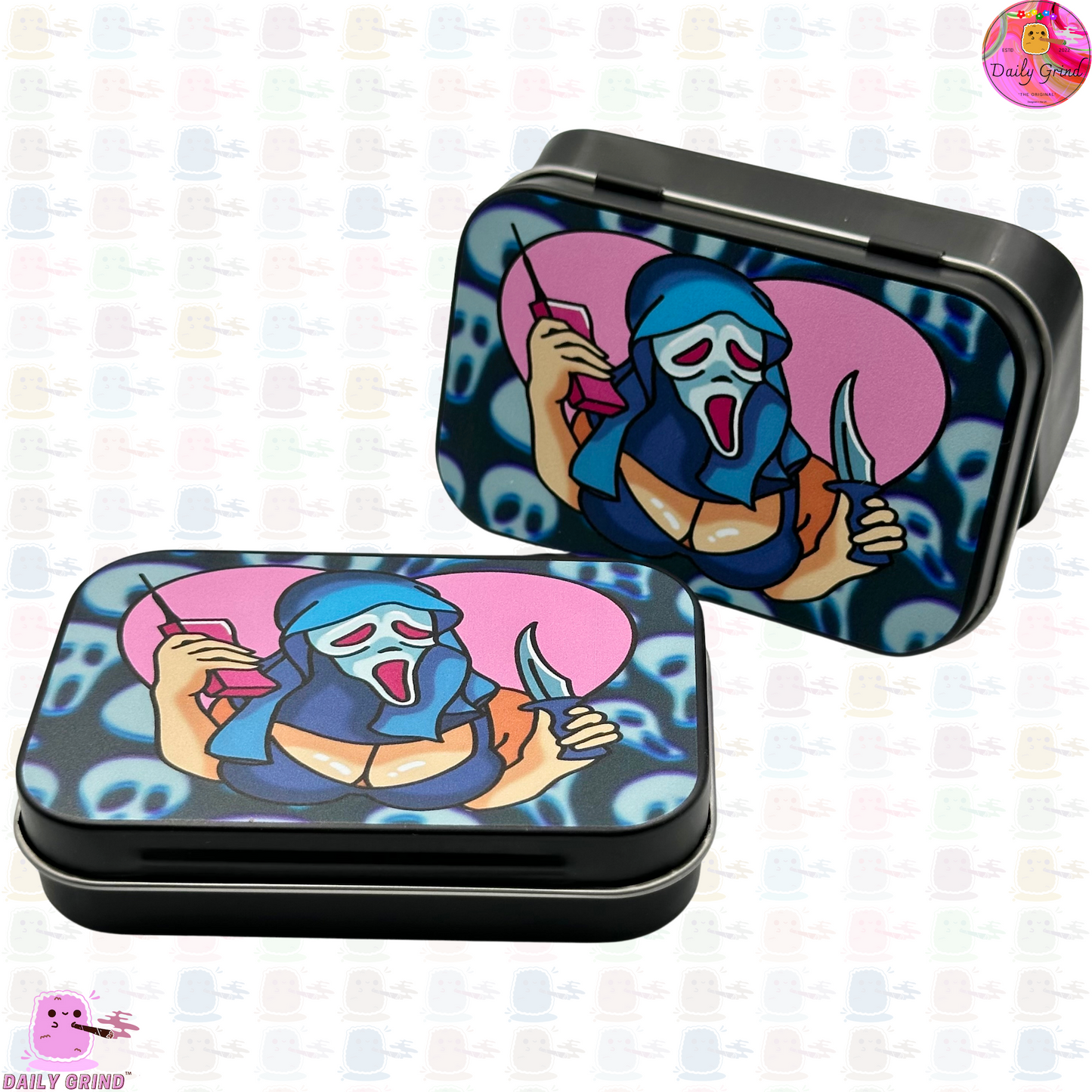 Masked Baddie On The Phone Skulls - 1oz Black / Crystal / Jewellery / Coins / Bits & Pieces / Hide / Money / Make-Up 1oz Black Hinge Lid Tin Box Gift - 9.5 x 6.2 x 2 cm - Cute Funny Metal Organiser Gift Idea