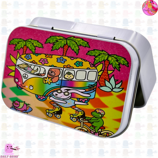 Cute Cartoon Holiday Palm Trees Camper Van - 1oz White / Crystal / Jewellery / Coins / Bits & Pieces / Hide / Money / Make-Up 1oz Black Hinge Lid Tin Box Gift - 9.5 x 6.2 x 2 cm - Cute Funny Metal Organiser Gift Idea