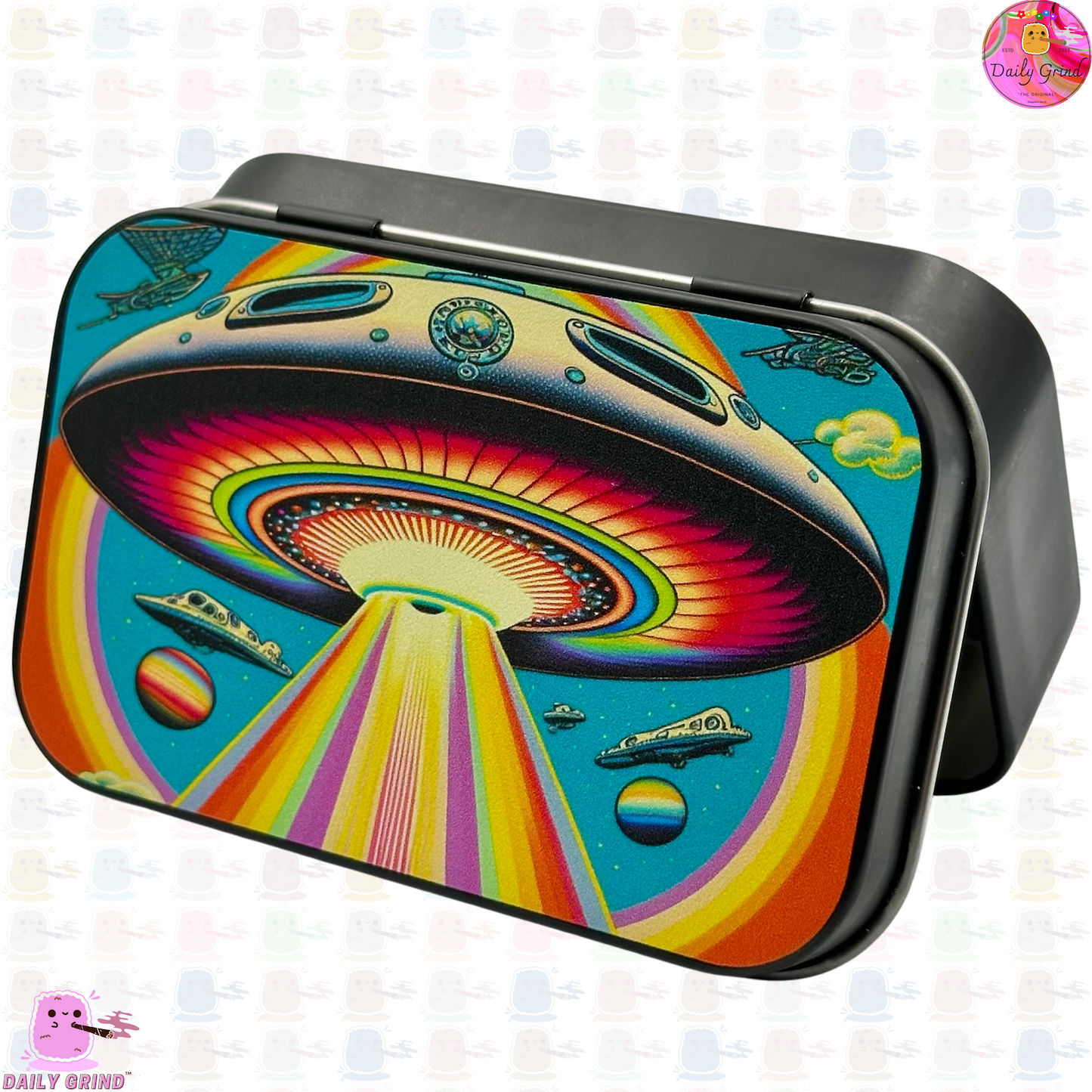 Colourful UFO Alien Abduction - 1oz Black / Crystal / Jewellery / Coins / Bits & Pieces / Hide / Money / Make-Up 1oz Black Hinge Lid Tin Box Gift - 9.5 x 6.2 x 2 cm - Cute Funny Metal Organiser Gift Idea