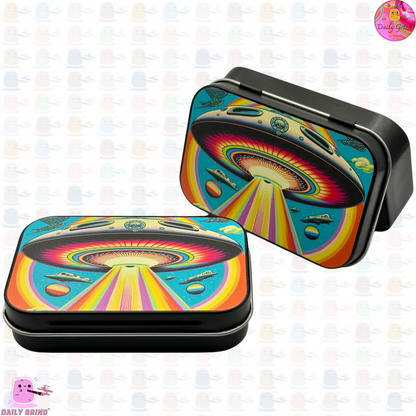 Colourful UFO Alien Abduction - 1oz Black / Crystal / Jewellery / Coins / Bits & Pieces / Hide / Money / Make-Up 1oz Black Hinge Lid Tin Box Gift - 9.5 x 6.2 x 2 cm - Cute Funny Metal Organiser Gift Idea