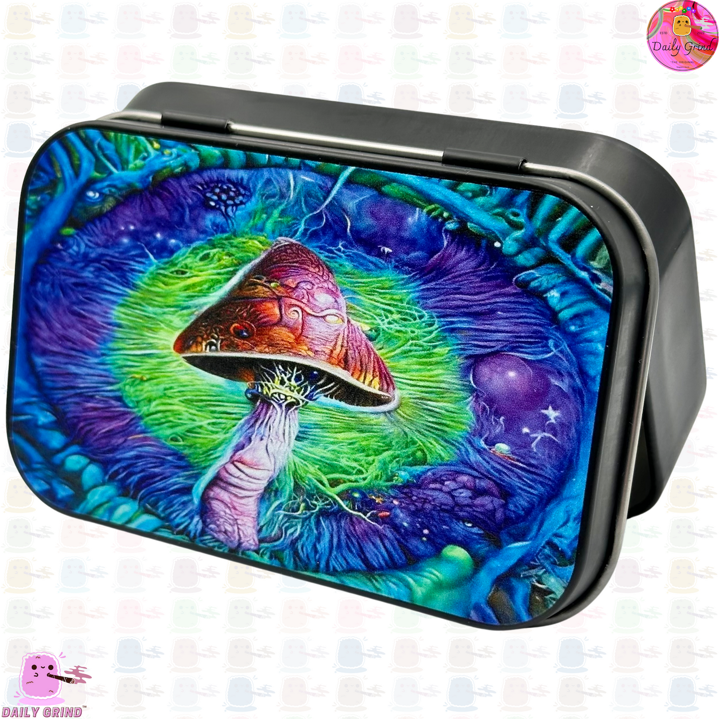 Realistic Mushroom Art Green & Blue - 1oz Black / Crystal / Jewellery / Coins / Bits & Pieces / Hide / Money / Make-Up 1oz Black Hinge Lid Tin Box Gift - 9.5 x 6.2 x 2 cm - Cute Funny Metal Organiser Gift Idea