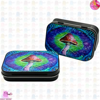 Realistic Mushroom Art Green & Blue - 1oz Black / Crystal / Jewellery / Coins / Bits & Pieces / Hide / Money / Make-Up 1oz Black Hinge Lid Tin Box Gift - 9.5 x 6.2 x 2 cm - Cute Funny Metal Organiser Gift Idea