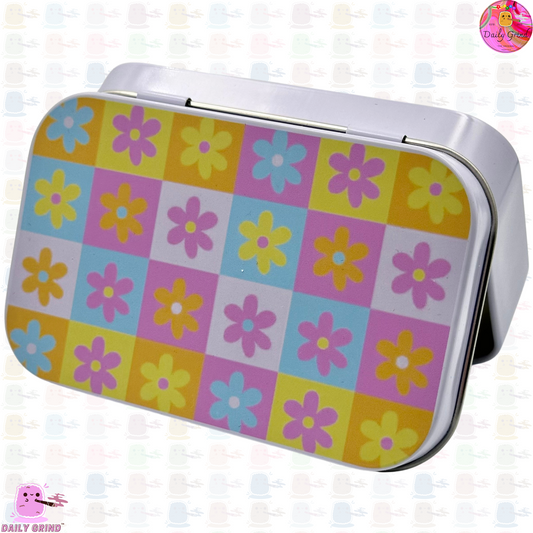 Pastel Flower Check Board Pattern Cute - 1oz White / Crystal / Jewellery / Coins / Bits & Pieces / Hide / Money / Make-Up 1oz Black Hinge Lid Tin Box Gift - 9.5 x 6.2 x 2 cm - Cute Funny Metal Organiser Gift Idea