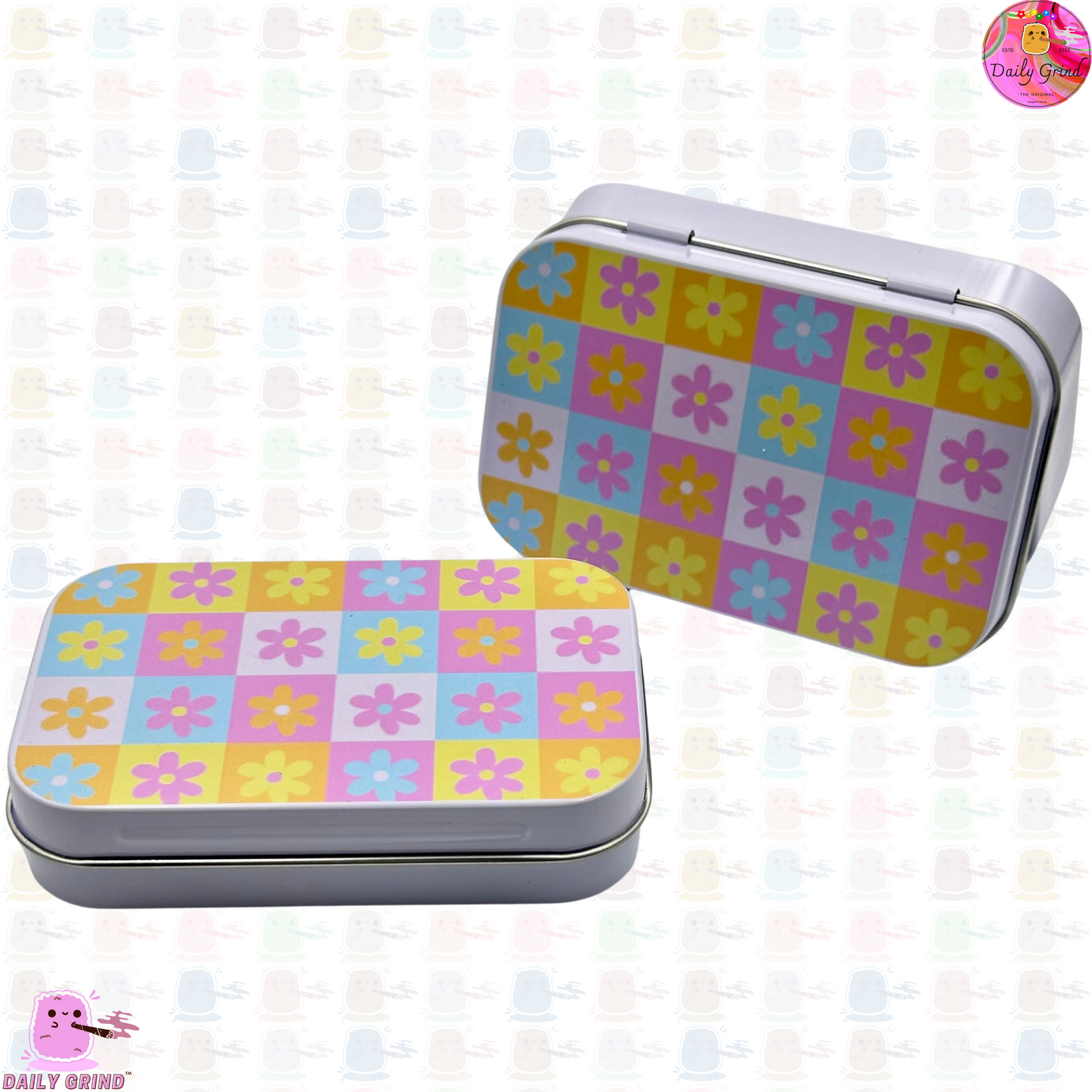 Pastel Flower Check Board Pattern Cute - 1oz White / Crystal / Jewellery / Coins / Bits & Pieces / Hide / Money / Make-Up 1oz Black Hinge Lid Tin Box Gift - 9.5 x 6.2 x 2 cm - Cute Funny Metal Organiser Gift Idea