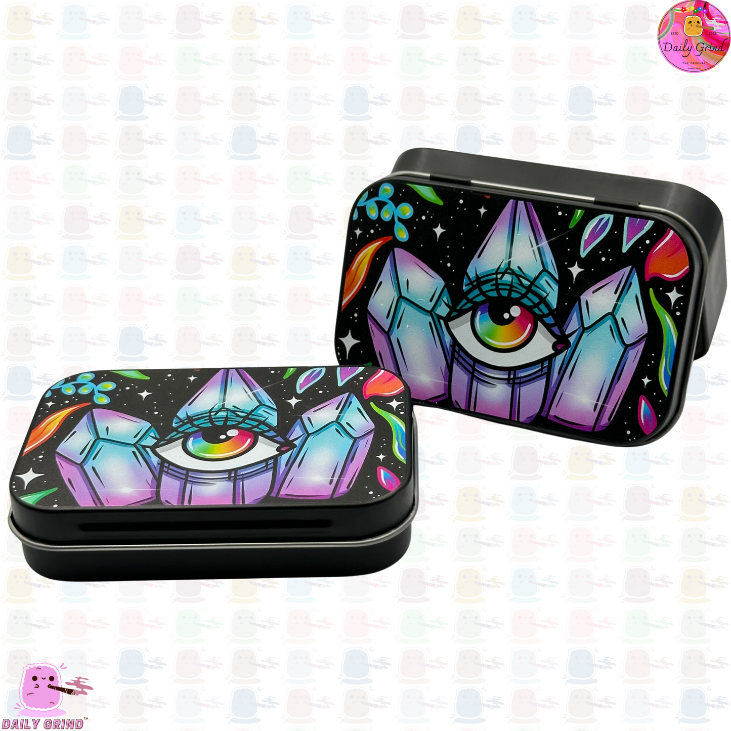 3 Crystals Third Eye Cartoon Art - 1oz Black / Crystal / Jewellery / Coins / Bits & Pieces / Hide / Money / Make-Up 1oz Black Hinge Lid Tin Box Gift - 9.5 x 6.2 x 2 cm - Cute Funny Metal Organiser Gift Idea