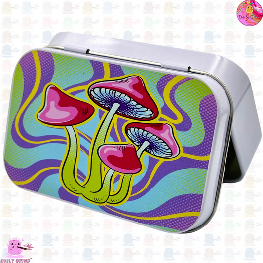 Neon Mushroom Shrooms Vibrant - 1oz White / Crystal / Jewellery / Coins / Bits & Pieces / Hide / Money / Make-Up 1oz Black Hinge Lid Tin Box Gift - 9.5 x 6.2 x 2 cm - Cute Funny Metal Organiser Gift Idea