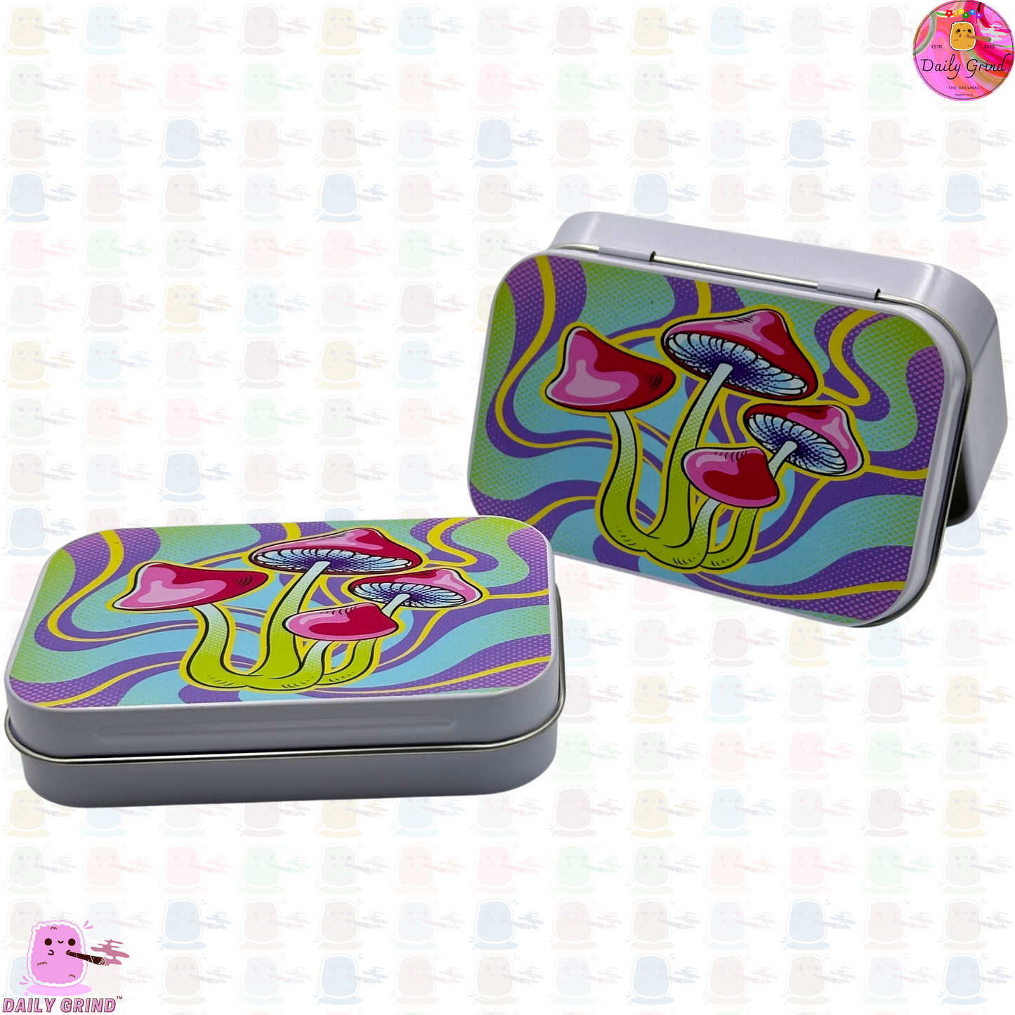 Neon Mushroom Shrooms Vibrant - 1oz White / Crystal / Jewellery / Coins / Bits & Pieces / Hide / Money / Make-Up 1oz Black Hinge Lid Tin Box Gift - 9.5 x 6.2 x 2 cm - Cute Funny Metal Organiser Gift Idea