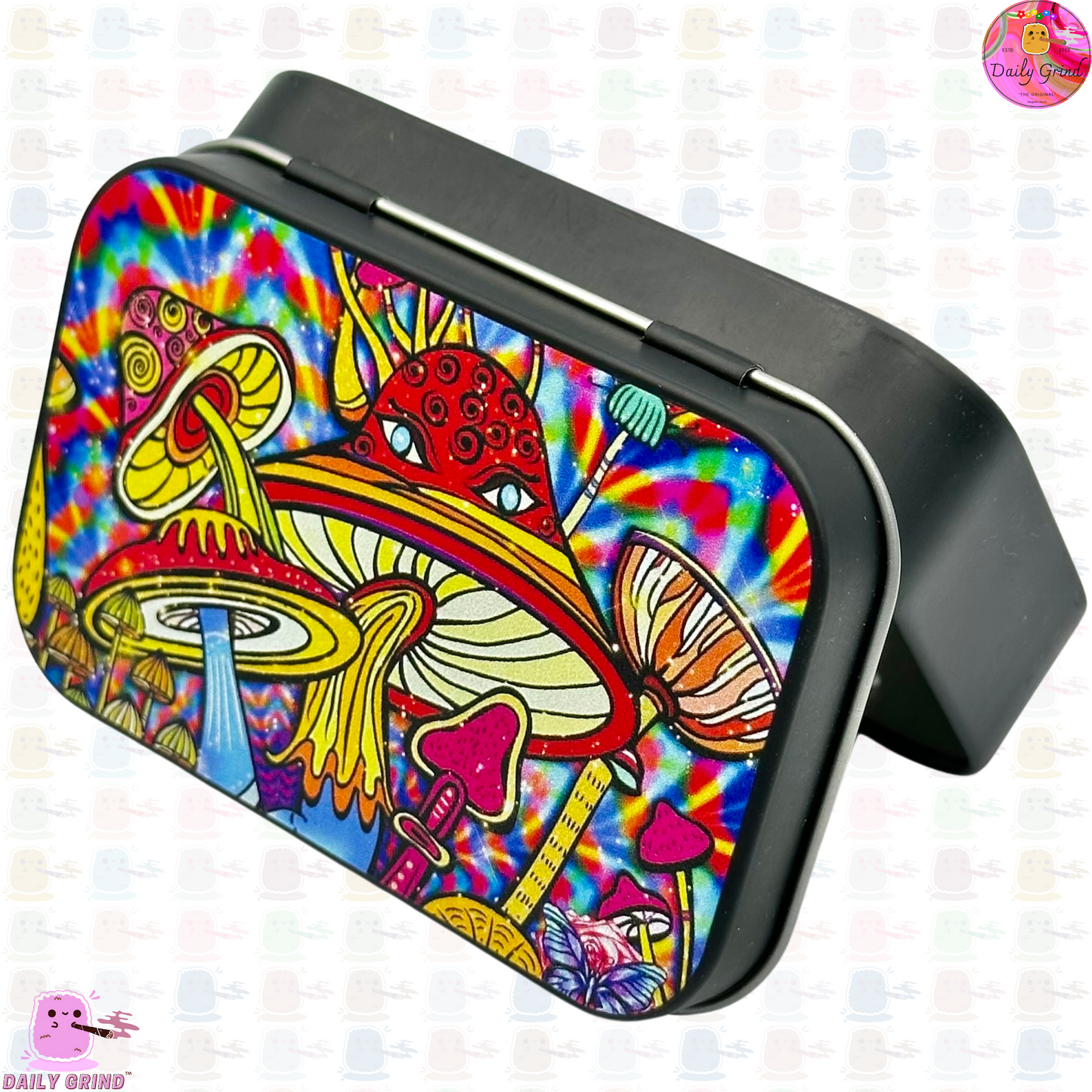 Mushroom Tie Dye Colourful Trippy Hippy - 1oz Black / Crystal / Jewellery / Coins / Bits & Pieces / Hide / Money / Make-Up 1oz Black Hinge Lid Tin Box Gift - 9.5 x 6.2 x 2 cm - Cute Funny Metal Organiser Gift Idea