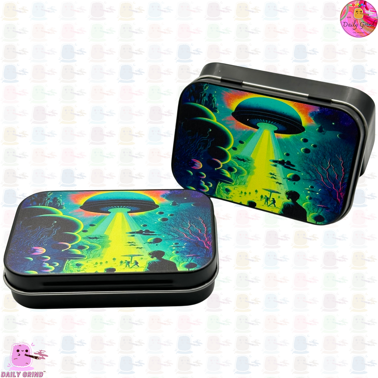 Green UFO Abduction Spooky Horror - 1oz Black / Crystal / Jewellery / Coins / Bits & Pieces / Hide / Money / Make-Up 1oz Black Hinge Lid Tin Box Gift - 9.5 x 6.2 x 2 cm - Cute Funny Metal Organiser Gift Idea