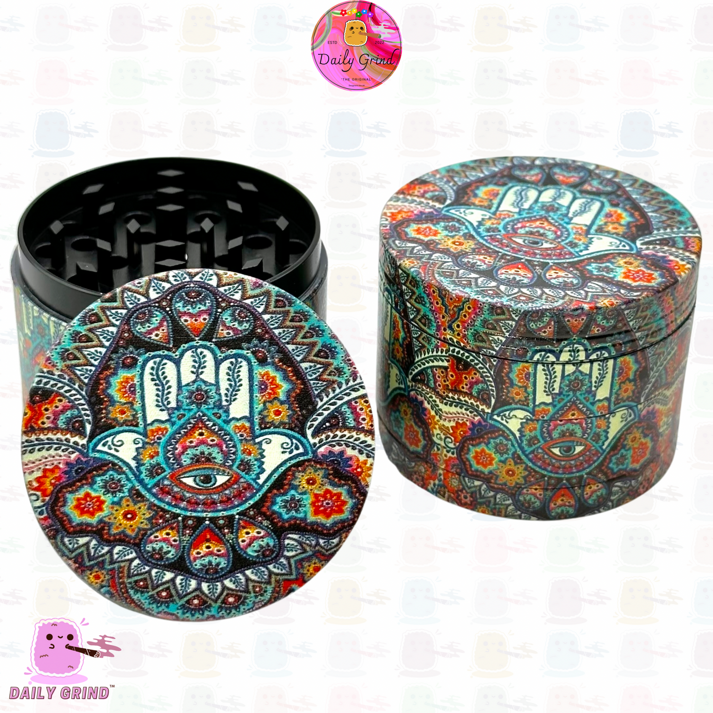 Hand of Protection Hamsa Tattoo - 50mm 4-Piece High Quality Custom Metal Kitchen Herb Grinder Gift Idea