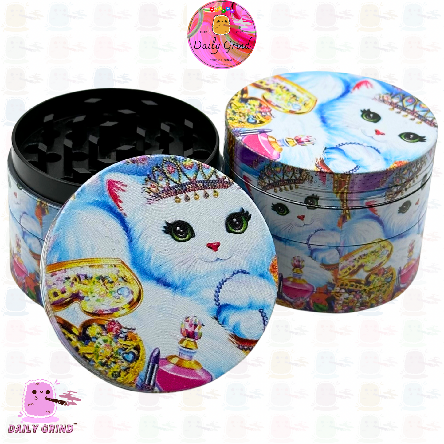 Cute Kitten Surrounded by Jewellery Pink Art Style - 50mm 4-Piece High Quality Metal Kitchen Herb Grinder Gift Idea