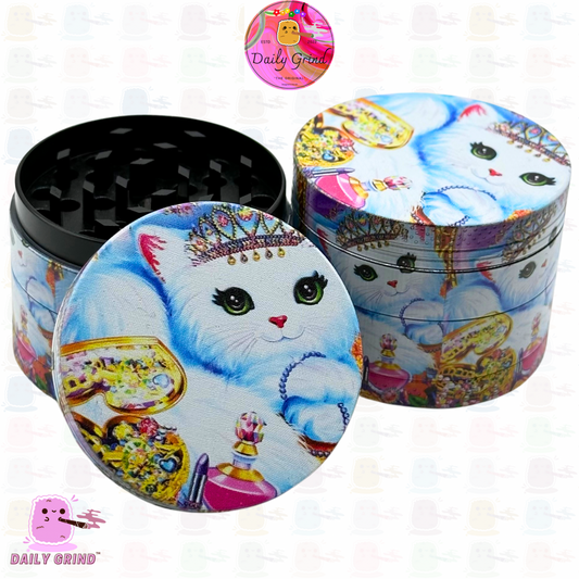 Cute Kitten Surrounded by Jewellery Pink Art Style - 50mm 4-Piece High Quality Metal Kitchen Herb Grinder Gift Idea