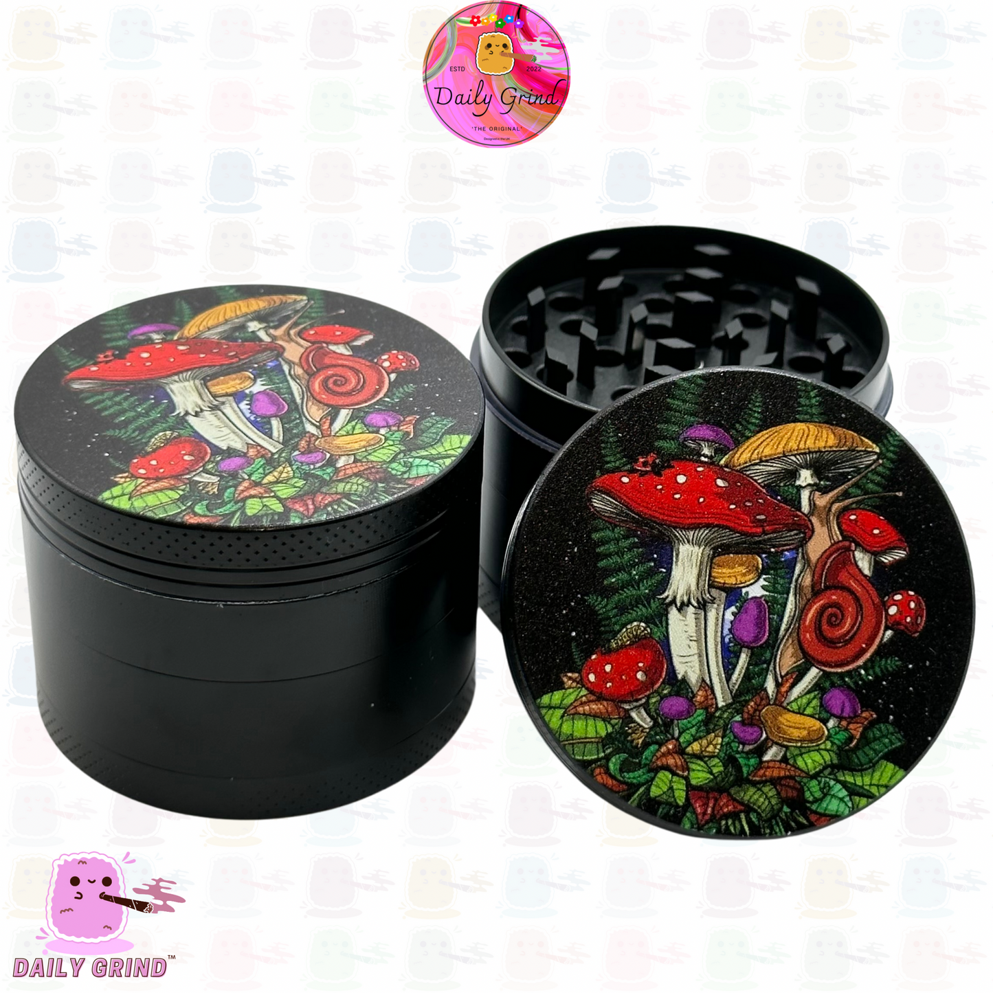 Cute Cartoon Mushrooms Varieties and Fern - 50mm 4-Piece High Quality Metal Kitchen Herb Grinder Gift Idea