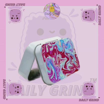 Metal líquido Pastel Tie Dye Colorido Rojo Azul 2oz Blanco Tabaco / Píldora / Baccy Stash Monedas Cristales Joyería Bisagra Tapa Lata Regalo