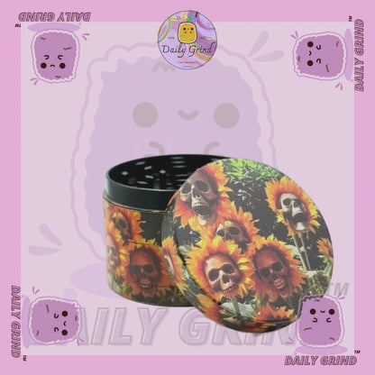 Sunflower Skull Flowers - 50mm 4-Piece Premium Custom Metal Tobacco Herb Grinder Cute Gift Idea