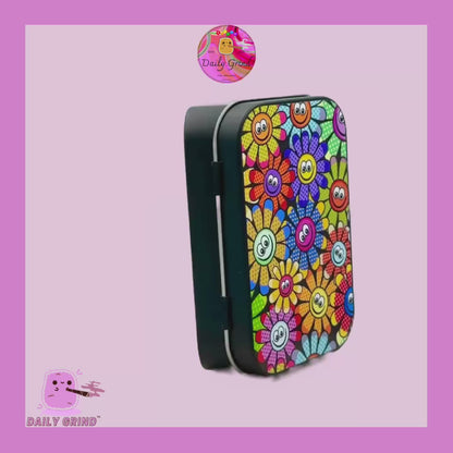 Colourful Smile Flowers Cute 60s 70s Flower Power 1oz Black / Crystal / Jewellery / Coins / Bits & Pieces / Hide / Money / Make-Up 1oz Black Hinge Lid Tin Box Gift - 9.5 x 6.2 x 2 cm - Cute Funny Metal Organiser Gift Idea