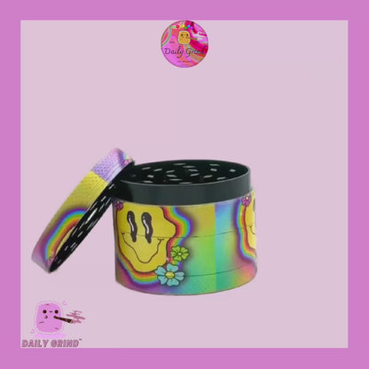 Wavy Smile Face Colourful Hallucinogenic Flowers Design - 50mm 4-Piece High Quality Custom Metal Kitchen Herb Grinder Gift Idea