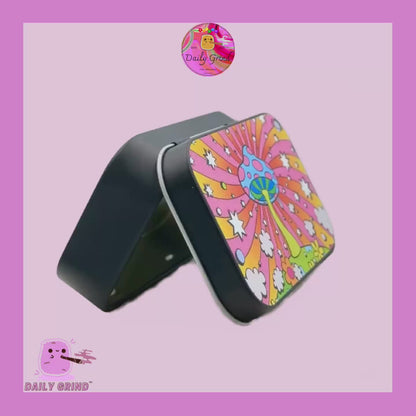 Hippy Mushroom Hallucinogenic Cartoon Design 1oz Black / Crystal / Jewellery / Coins / Bits & Pieces / Hide / Money / Make-Up 1oz Black Hinge Lid Tin Box Gift - 9.5 x 6.2 x 2 cm - Cute Funny Metal Organiser Gift Idea